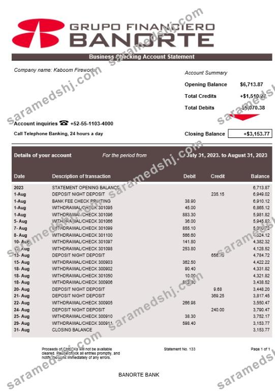 Banorte Bank enterprise statement Word and PDF template